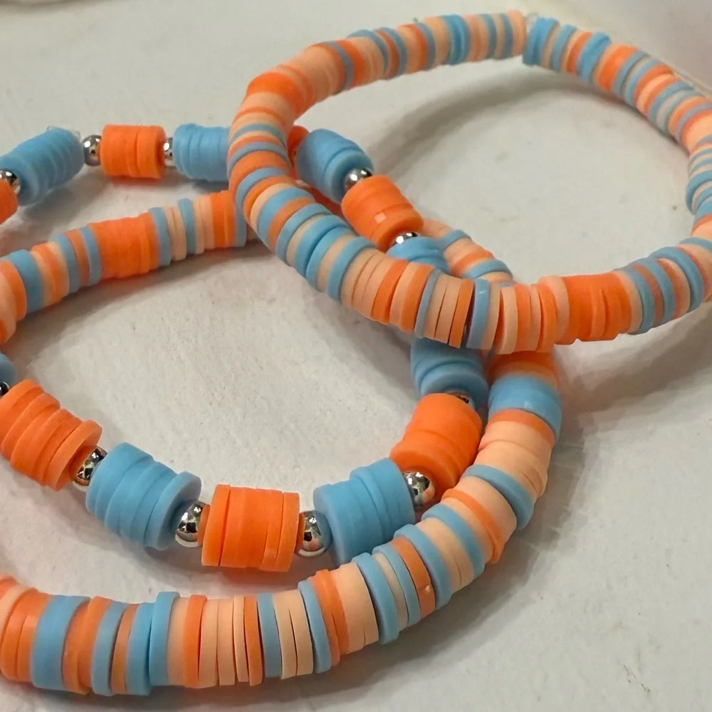NEW Boho Chic Clay Bead Bracelet Stack Orange Blue Silver Accents Surfer Vibe
